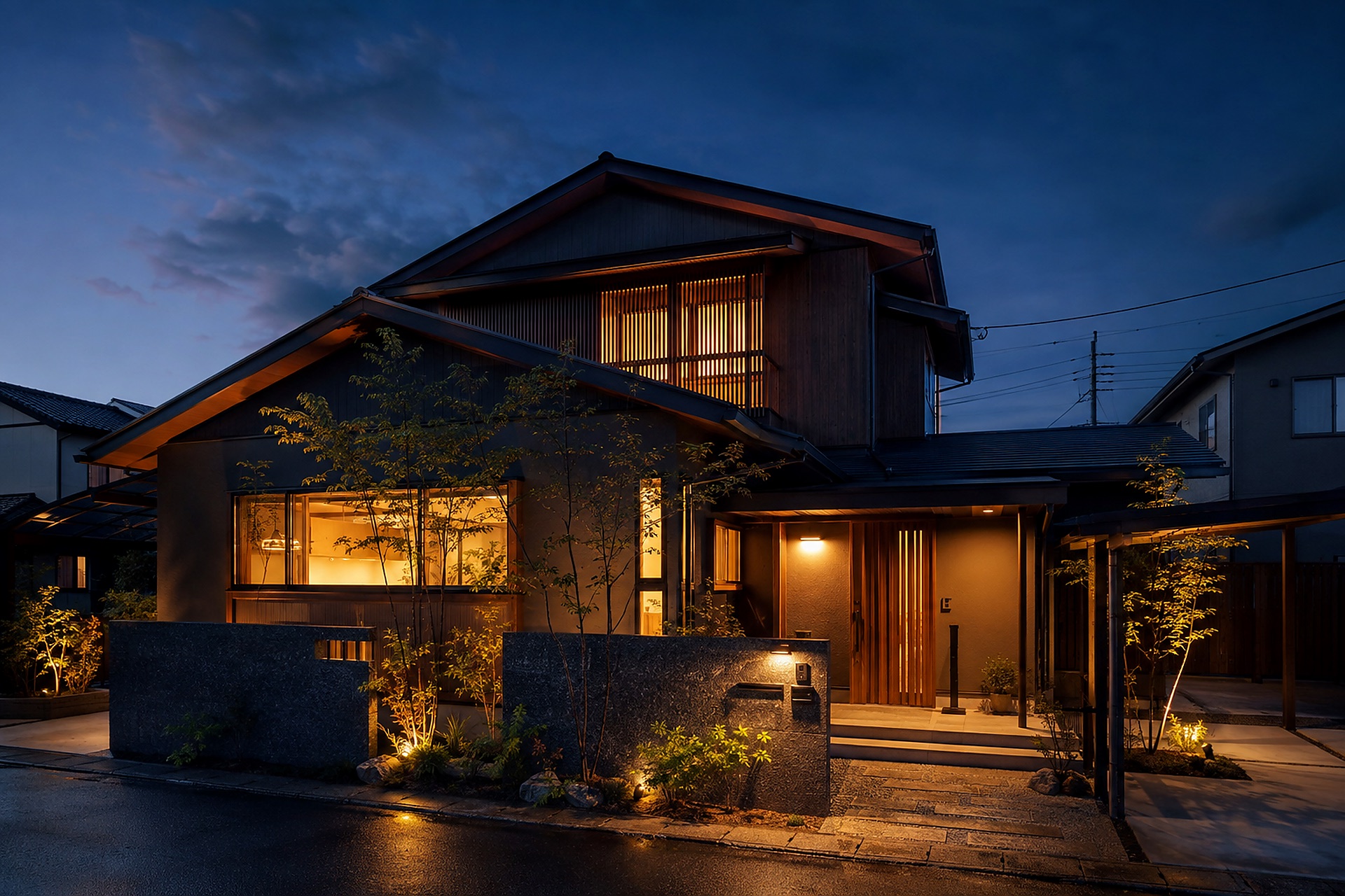 夕景の完成住宅外観。明かりが灯っている。