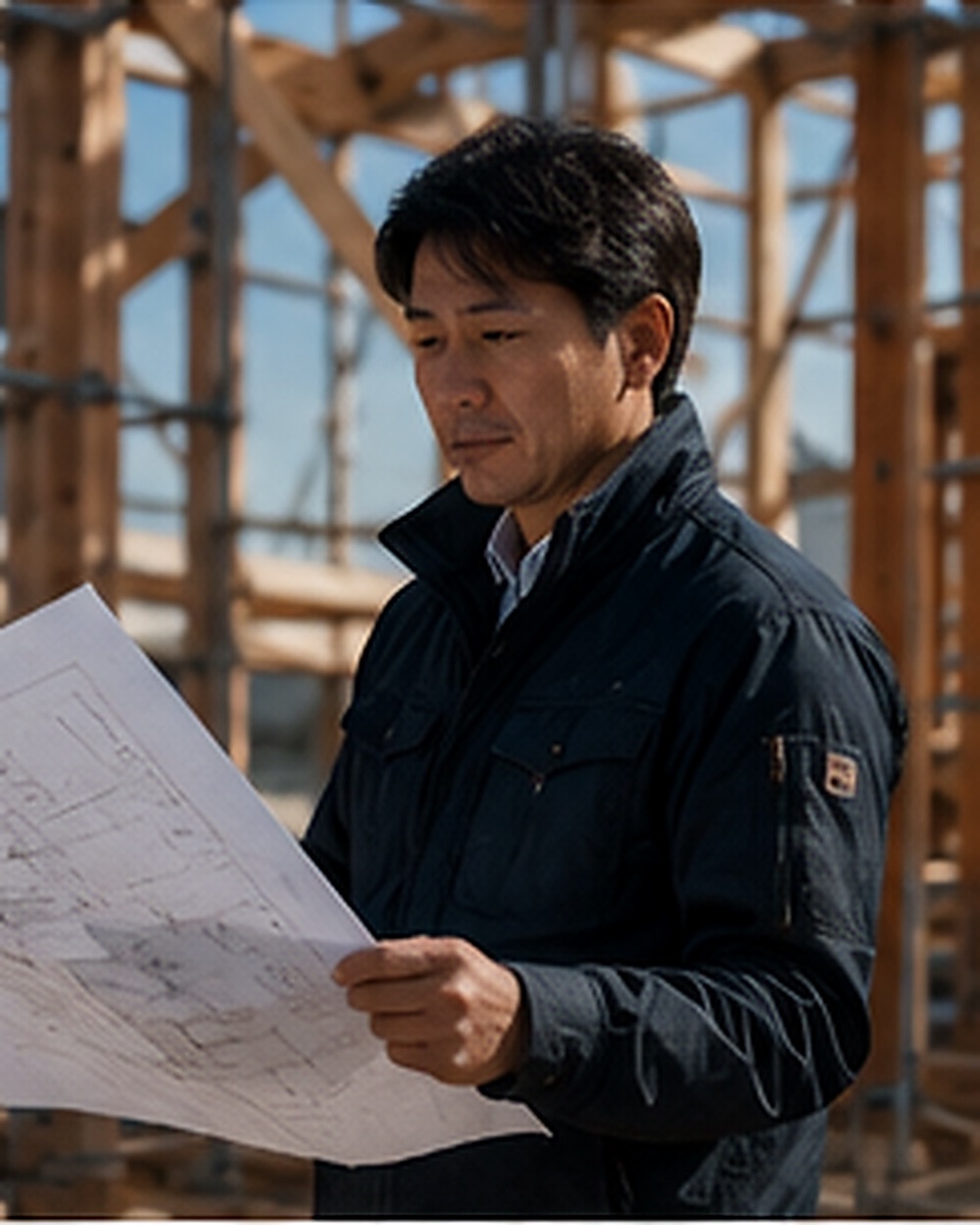代表取締役 村上誠一。現場の図面を前に立つ。