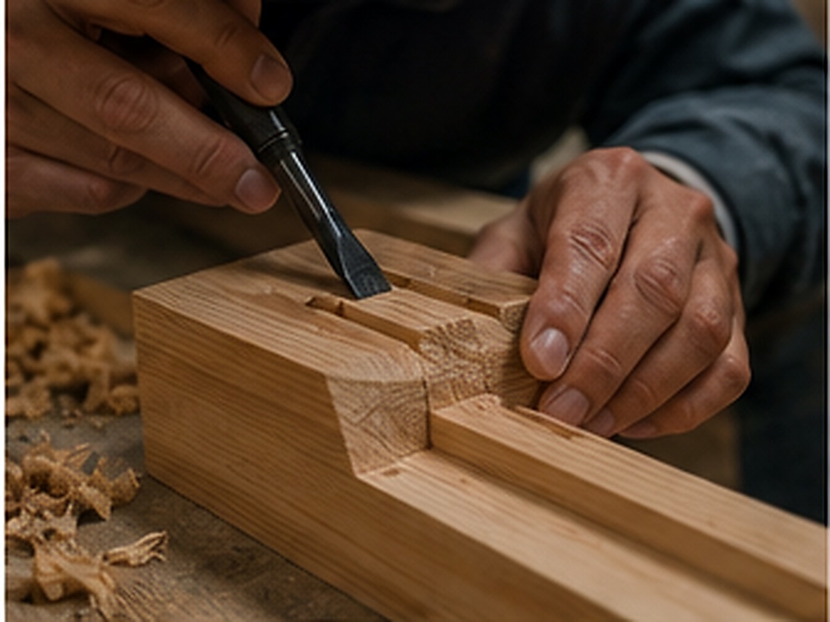 刻みの作業。墨に沿って鑿を入れる手元。