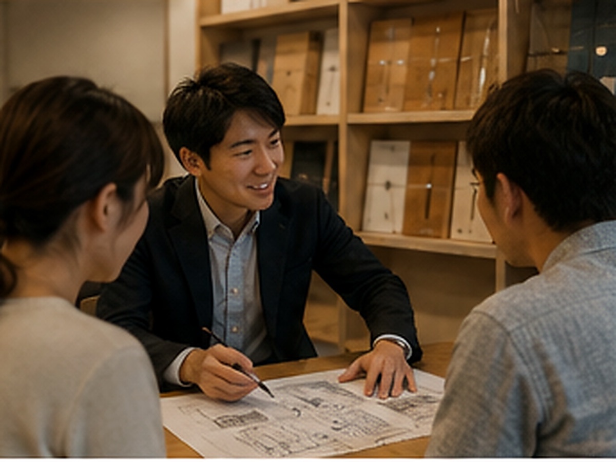 ショールームでお客様と図面を見る営業。