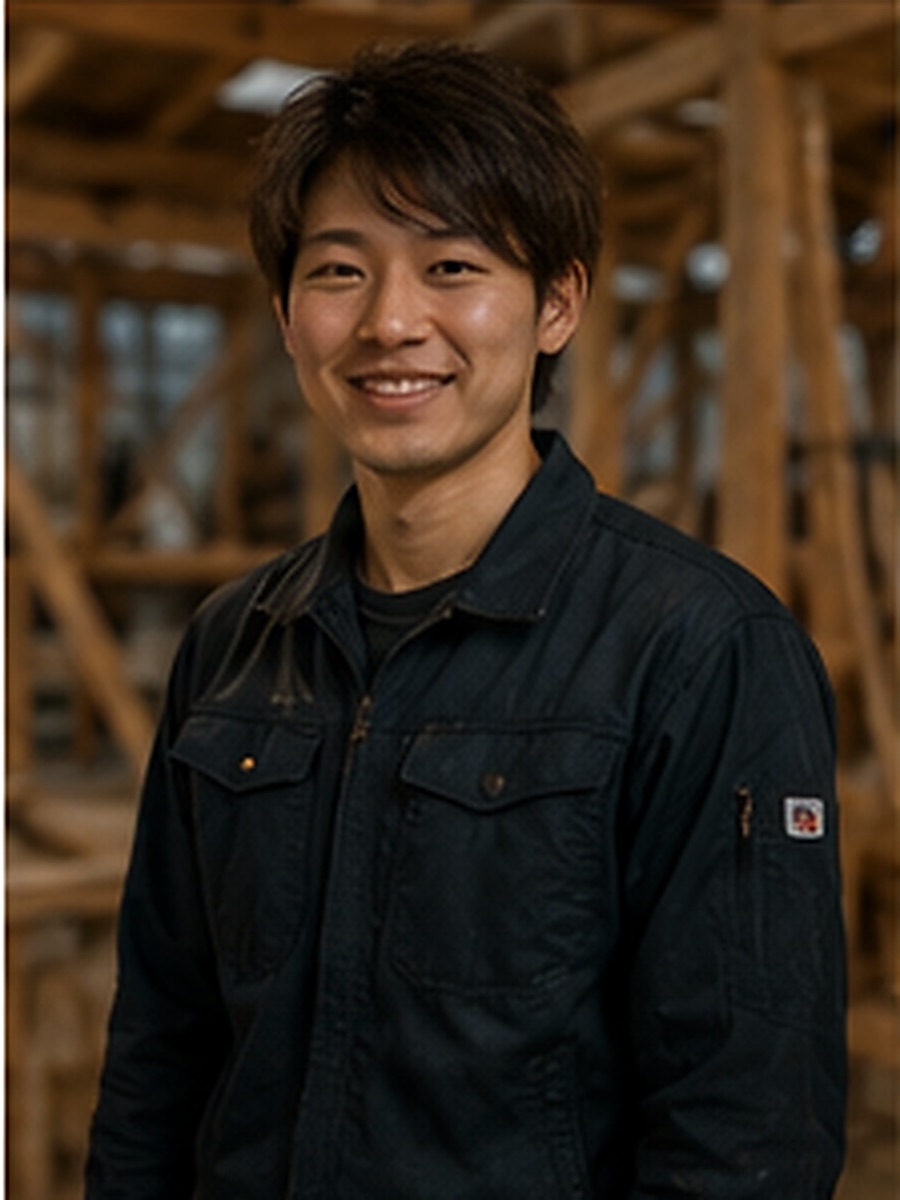 大工 佐々木亮太。作業場での人物写真。