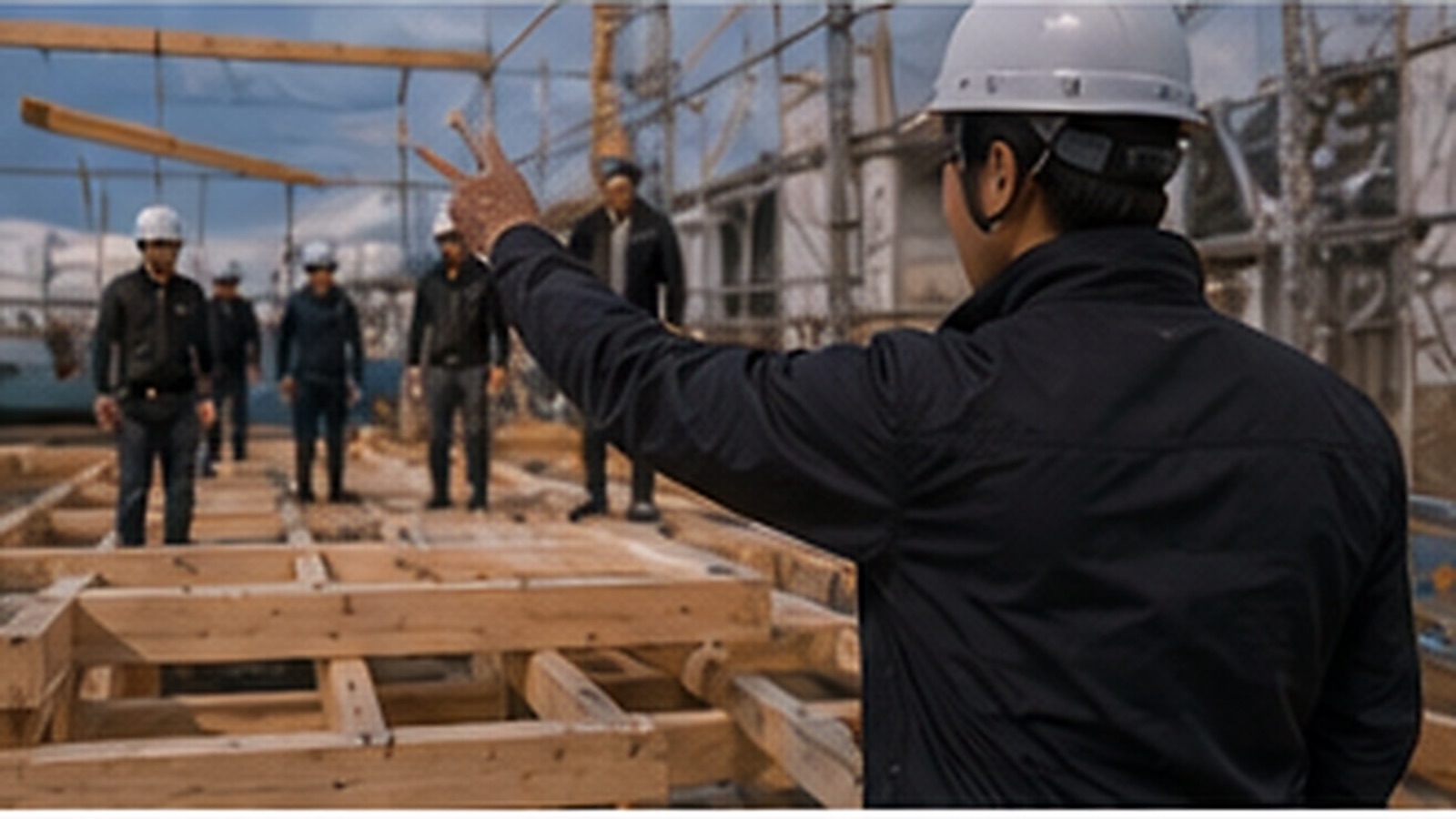 佐々木が建方の段取りを指示している現場の引き。