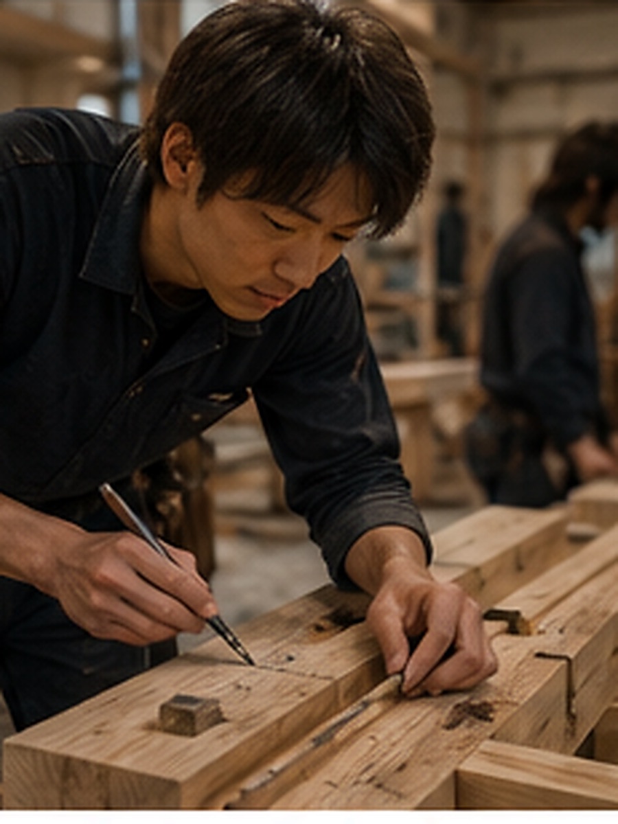 大工 春日陸。村上塾での実習中の人物写真。