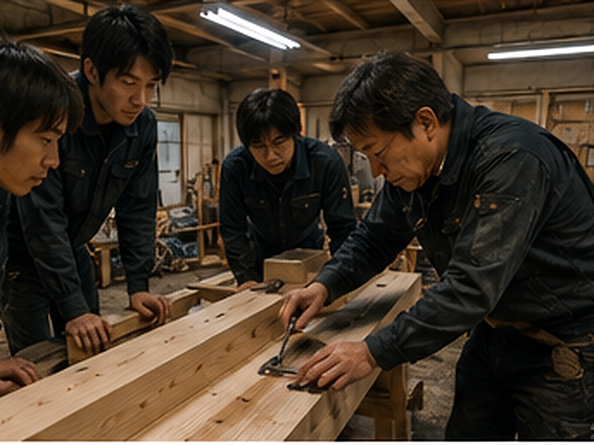 村上塾の実習風景。少人数で墨付けを教わる。